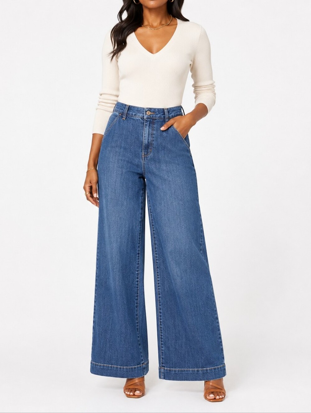 BCBGeneration Wide-Leg Denim Jeans in Medium Blue